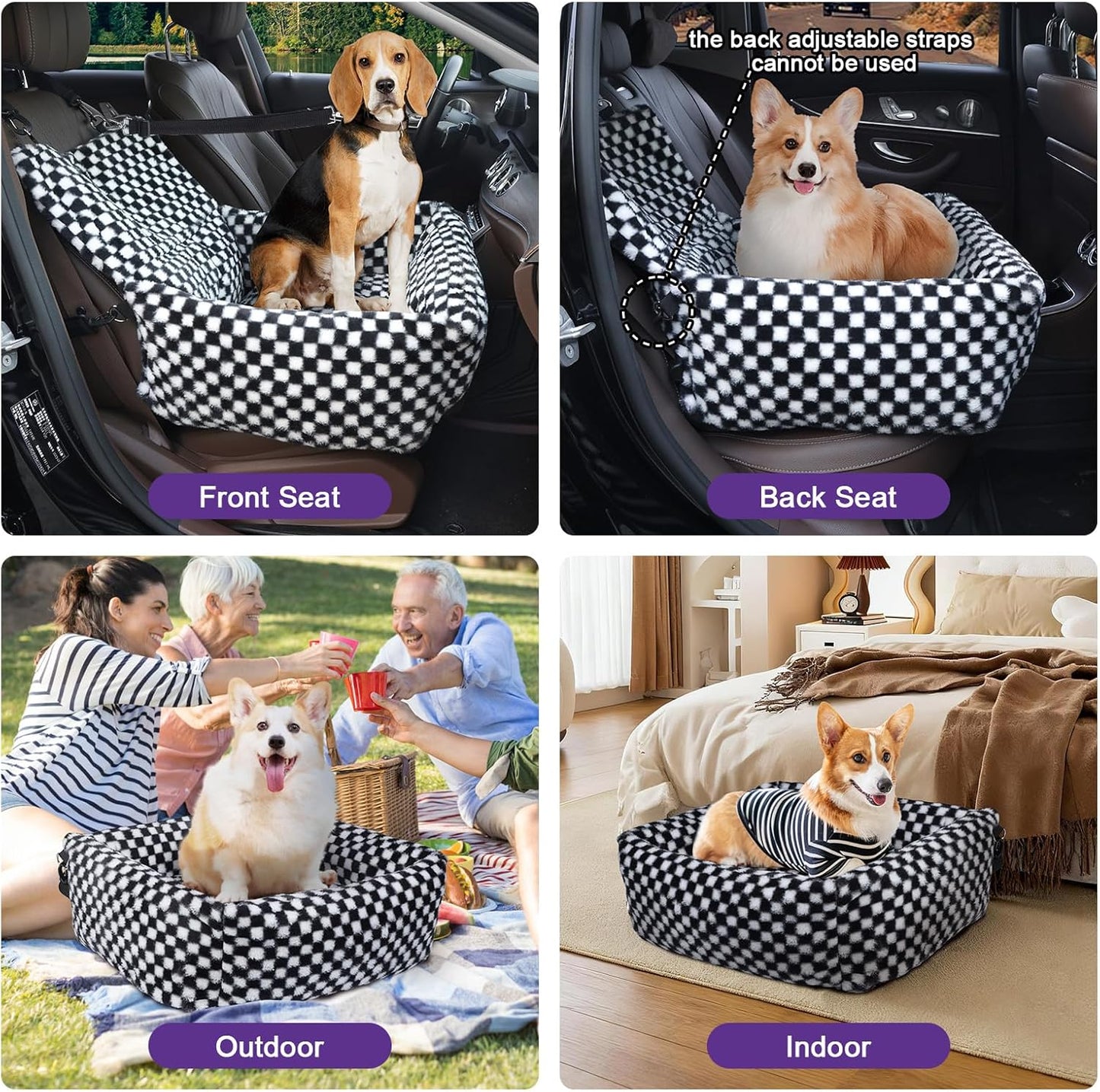 Dog Car Seat for Small Dogs,Medium Dog Car Bed with Detachable Washable Cover,Pet Puppy Booster Cars Seats with Safety Belt Up to 30 lbs(Grid Black)