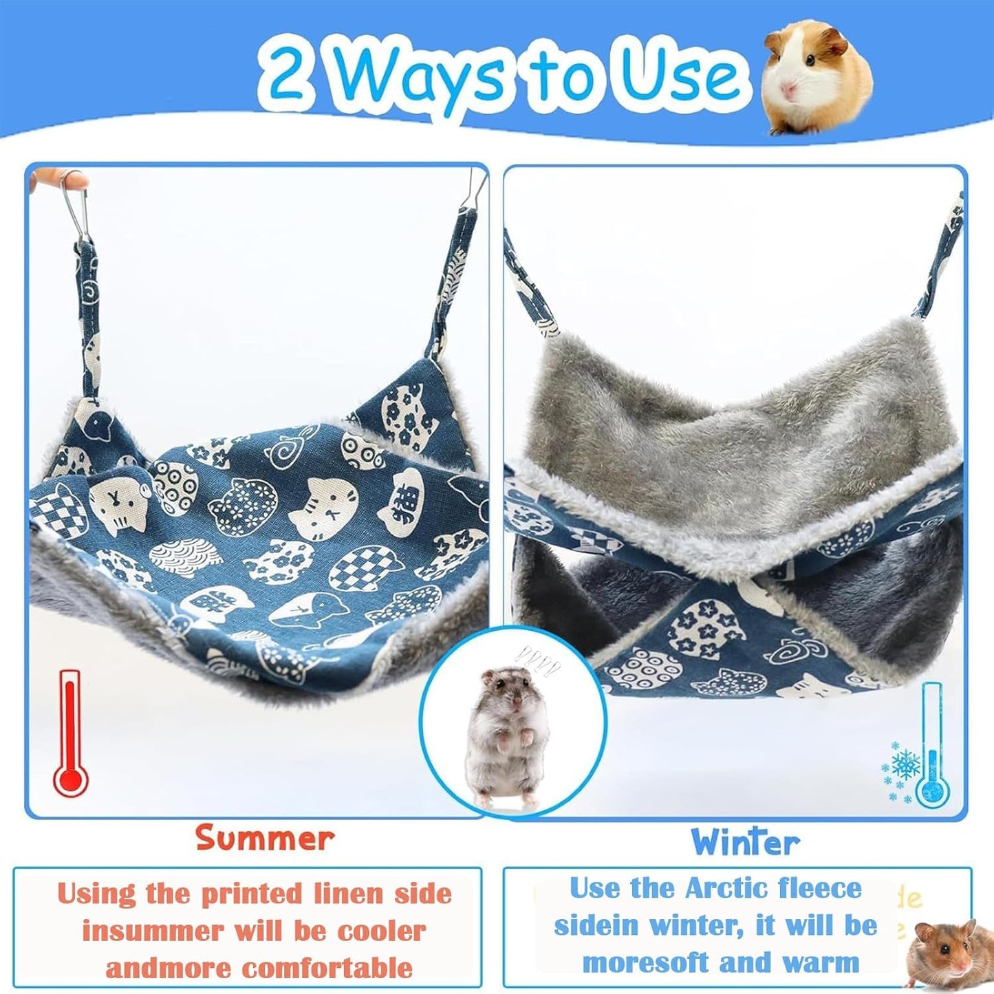2 Layers Pet Rat Hammock, Double Sided Warm Flece & Linen Hammock for Cage, Hamster Guinea Pig Ferret Chinchilla Small Animal Bed, Hanging Hideout Swing Cage Accessories