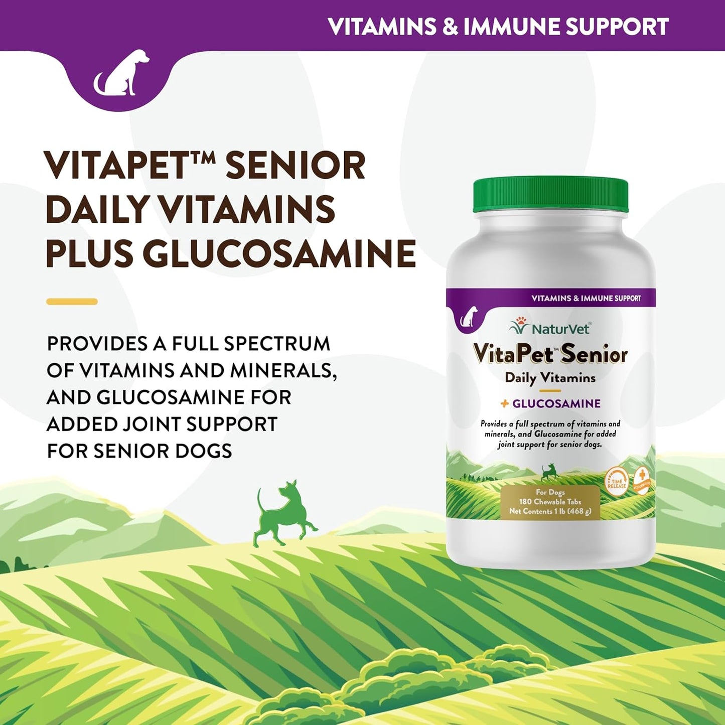 NaturVet VitaPet Senior Daily Vitamins Plus Glucosamine, Dog Multivitamin Supplement, Chewable Tablets, Time Release, Made in The USA with Globally Source Ingredients 180 Count