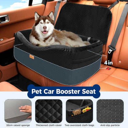 Dog Car Seat for Large Dogs up to 60 lbs or 2 Small Dogs with 4" Memory Foam, Medium Pet Booster Seat Cover with Triple Safety Belts, Adjustable Leashes, Detachable/Washable (Dark Black, Large)