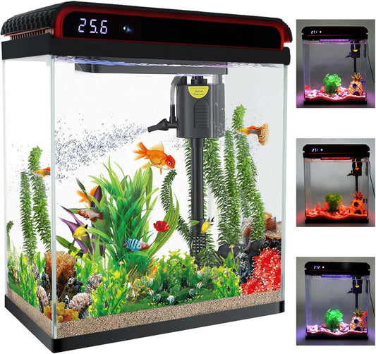 Betta Fish Tank, 10 Gallon Fish Tank Glass Small Aquarium Starter Kits Self Cleaning with 3 Types of LED Lights and Filter Water Pump, Ultra Quiet Decoration Kids Room Gift