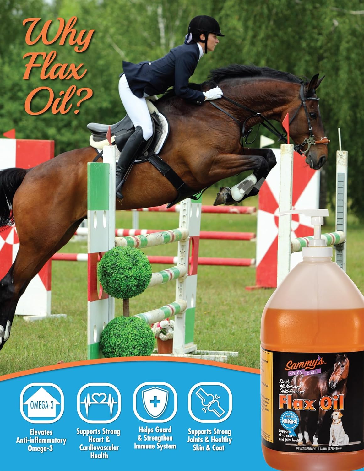 Sammy's Shiny Coat Flax Oil for Horses, Pure Flaxseed Oil for Horse, Rich in Omega-3 Fatty Acids, Flax Oil Horse Supplement for Skin and Coat, Immune, Cardio and Joint Support, 1 Gallon with Free Pump