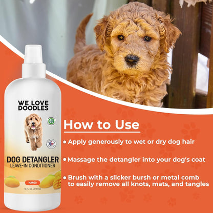 We Love Doodles Dog Detangler Spray - Leave-in Conditioner for Dogs - Dog Detangling Spray - Dematting Spray for Dogs - Tangle Remover - Made in The USA, Large 16 fl oz (Mango)