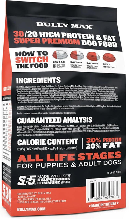 Bully Max Dry Dog Food for Adults & Puppies - High Protein & Fat for Muscle & Weight Gain - High Performance Dog Food Supplements - Small & Large Breed Dogs (530 Calories Per Cup), Beef, 15lb Bag