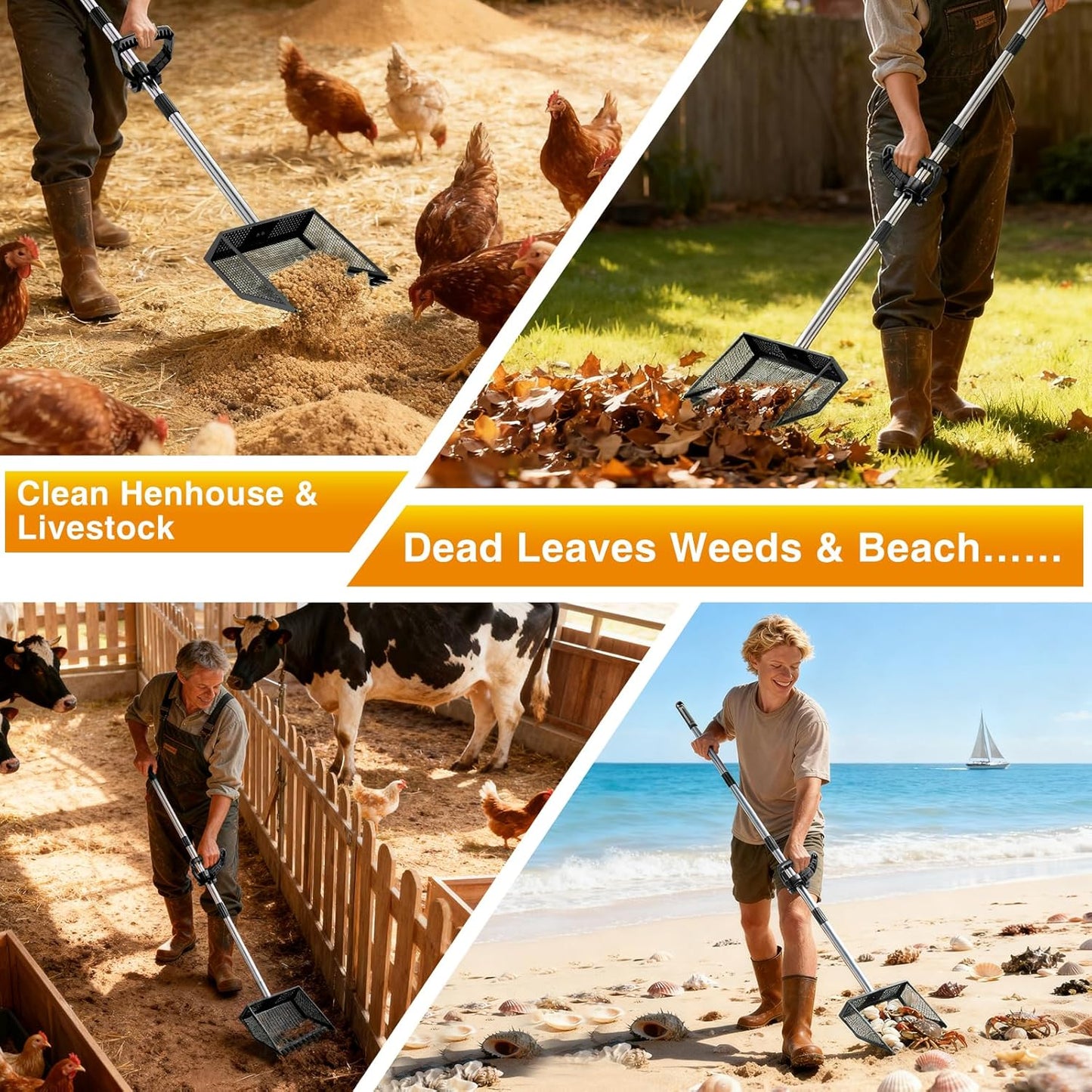 TOOGE Large Chicken Poop Scooper: 2-in-1 Metal Pooper Scooper & Rake Adjustable Long Handle Stainless Steel Sand Sifter Litter Shovel Chicken Coop Scoop Cleaning Tool for Coffee Ground Farm Yard Black