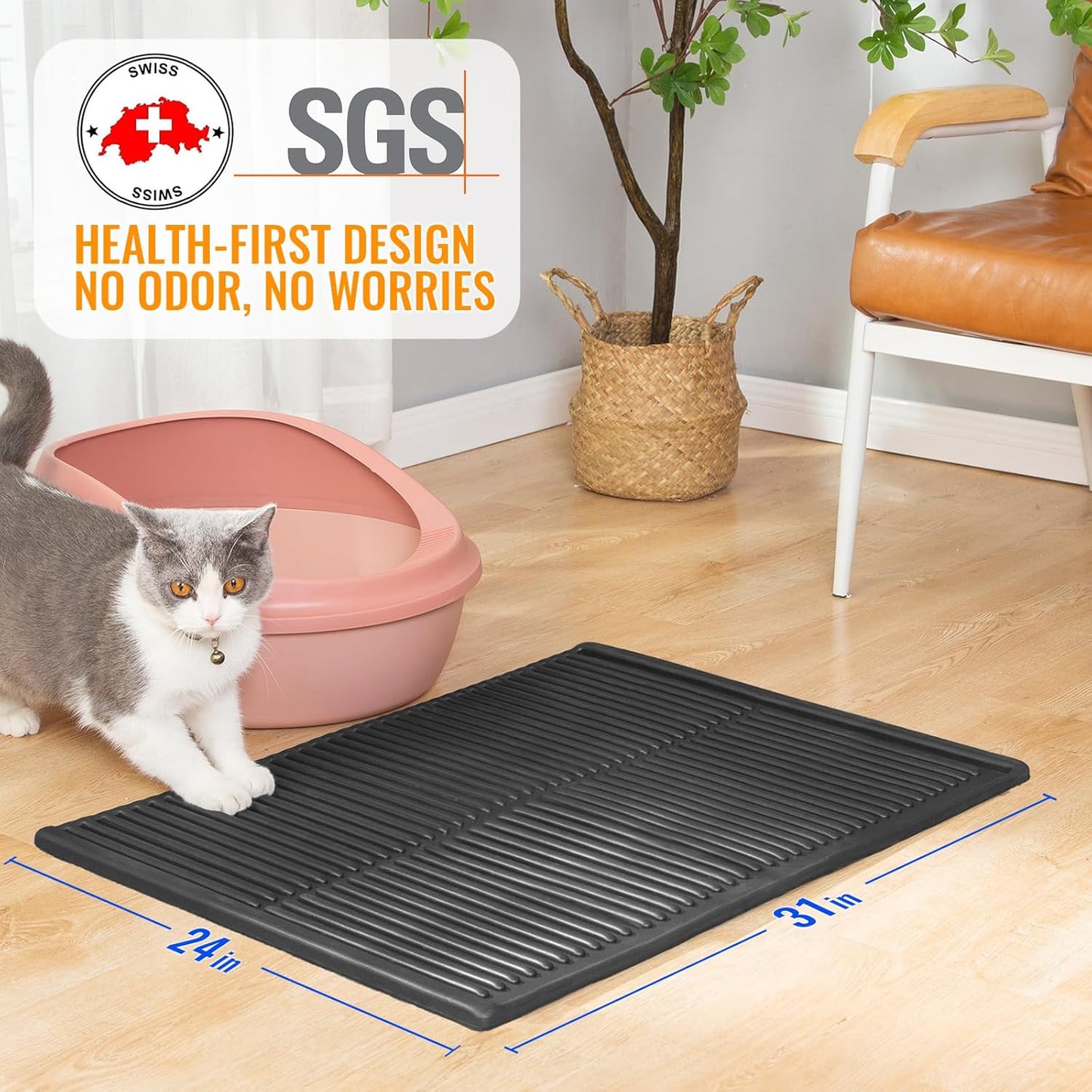 Easy Clean Litter Mat: Grooved Design Large Litter Trapping Mat Easy to Clean – Urineproof Surface Cat Box Rug with Raised Edges for Cats with Urinary Issues (Black, 31”x24”)