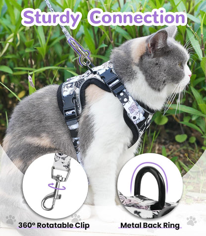 Halypet Cat Harness and Leash Set for Walking, Escape Proof Adjustable Vest Harness with 3-in-1 Integrated Buckles, Easy Control Soft Breathable Mesh with Reflective Strips for Cats, M, Moonlight Meow