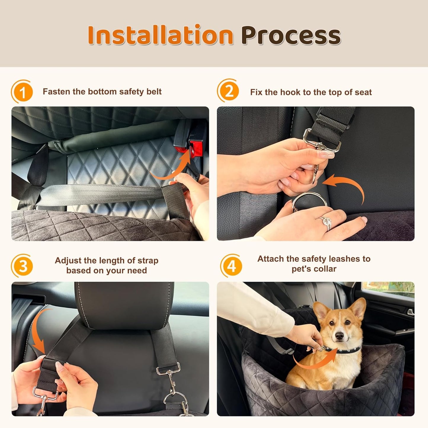 Dog Car Seat for S/M Dogs, Memory Foam Dog Booster Car Seat Up to 35lbs, Detachable Washable Pet Travel Bed with Side Pockets and 2 Safety Belts, Easy to Install (Black)