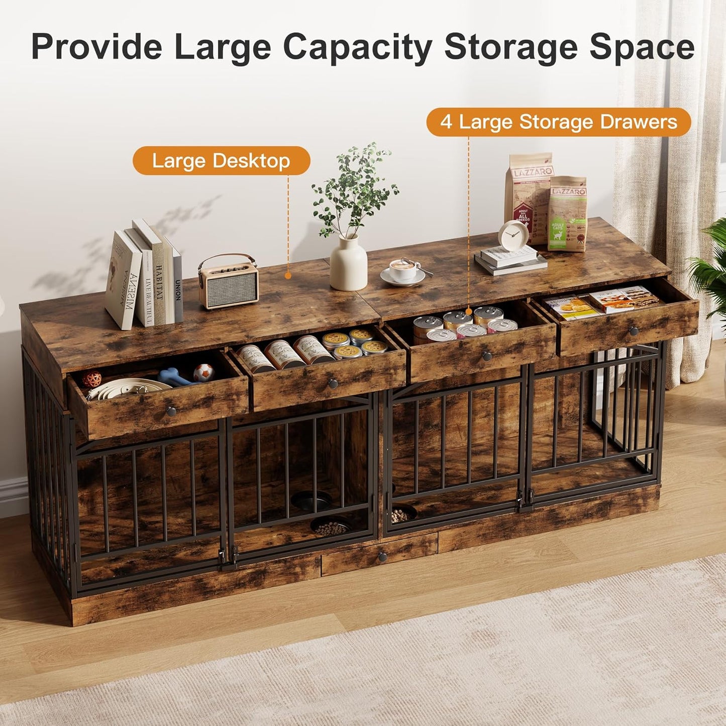 GarveeHome Dog Crate Furniture for 2 Dogs, Dog Kennel Indoor with 4 Storage Drawers and Feeding Bowls, Double Dog Crate TV Stand for Small Medium Dogs, Brown