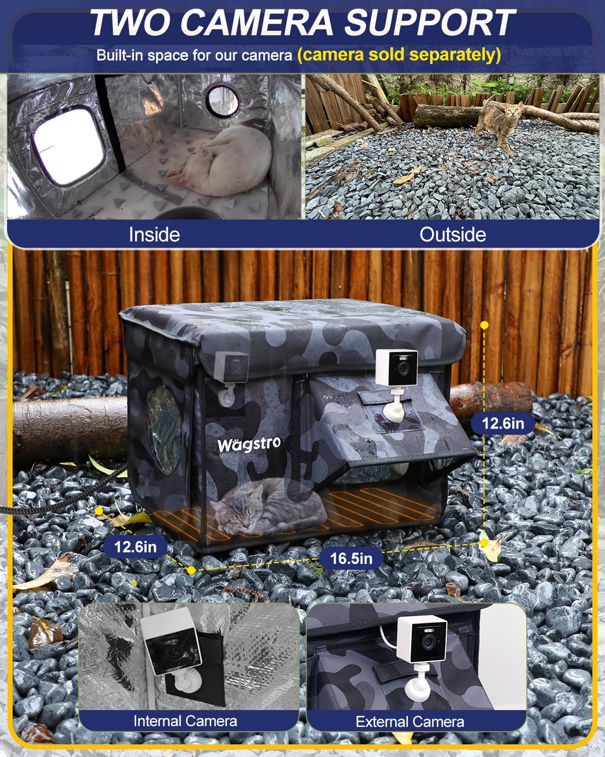 Heated Cat House for Outside, Waterproof Awning & Escape Door Heated Cat Houses for Indoor/Outdoor Cats in Winter, Elevated & Insulated Outdoor Cat Shelter for Feral Cat(Black Camo, 16.5"x12.6"x13")