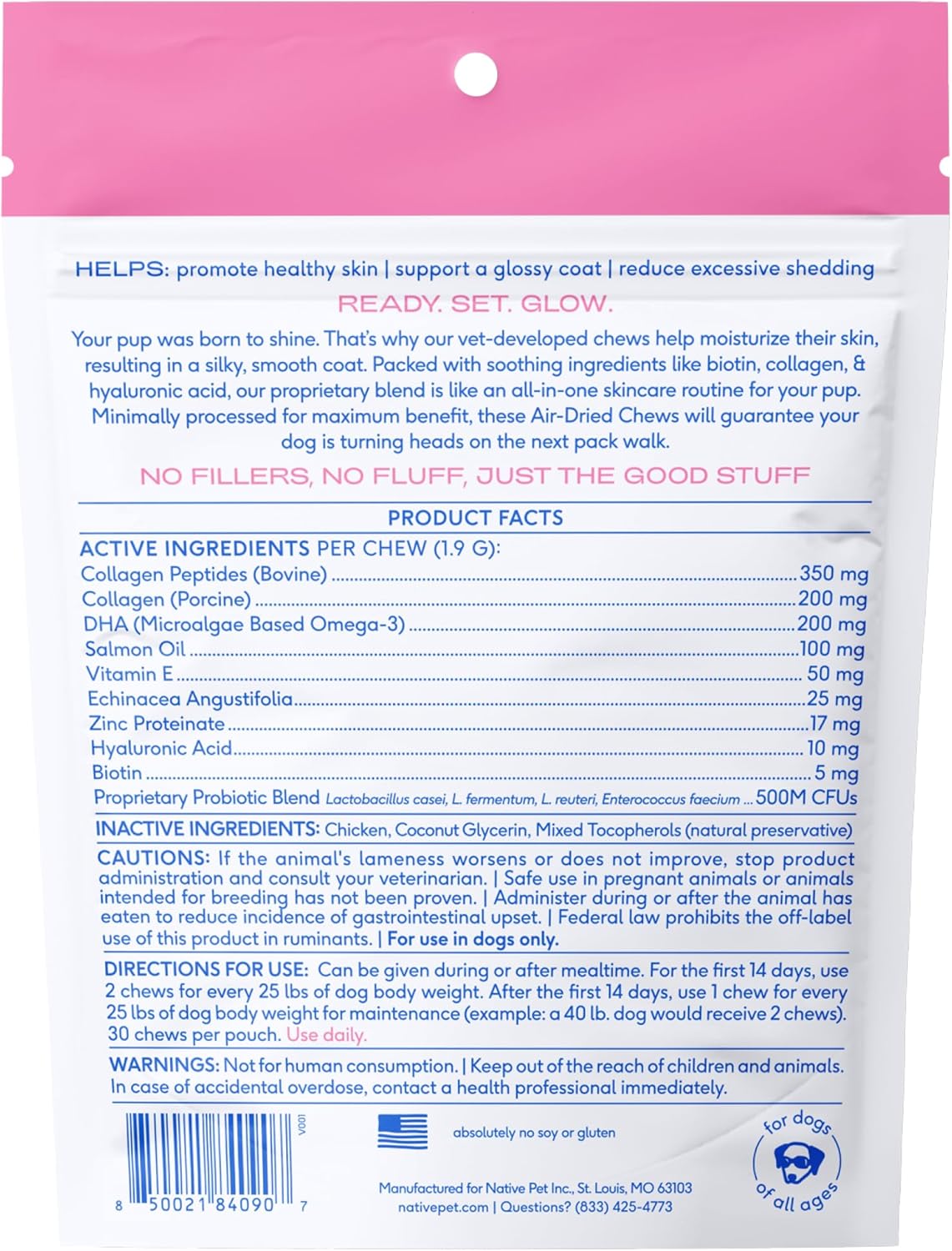 Native Pet Omega Skin and Coat Chews for Dogs - Dog Skin and Coat Supplement for Healthy, Shiny Fur, Reduce Shedding and Dry Spots - Made with Omega 3 Fish Oil and Wild-Caught Salmon Oil - 30 Chews