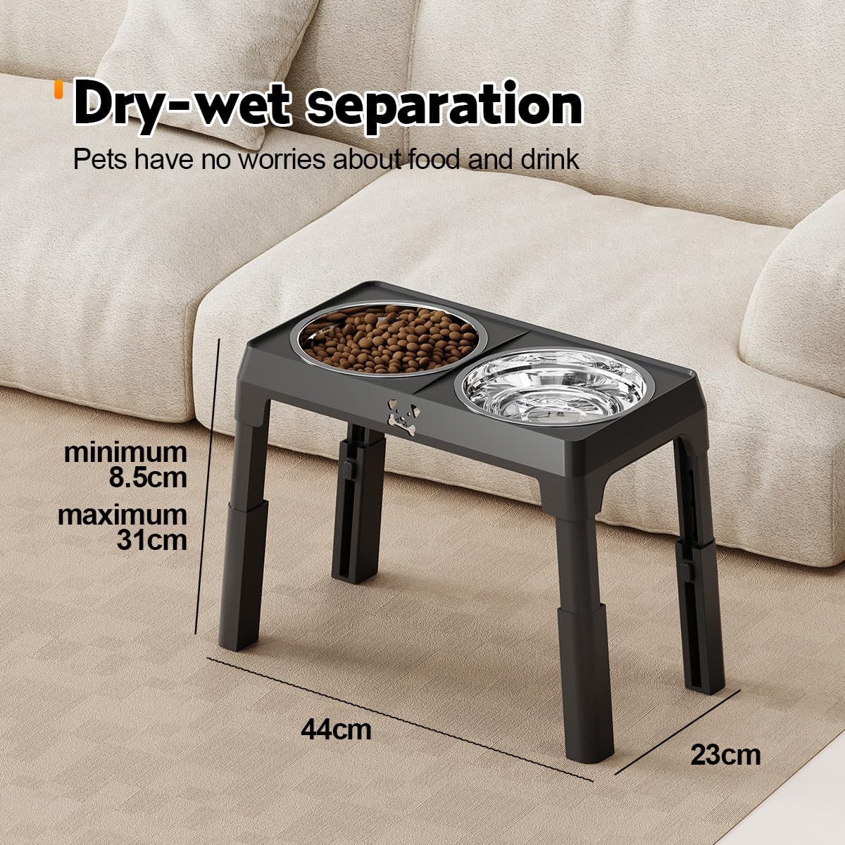 Elevated Dog Feeder with Adjustable Stand, 2 Stainless Steel Bowls, 1 Slow Feed Bowl for Medium Large Dogs, Non-Slip Feet