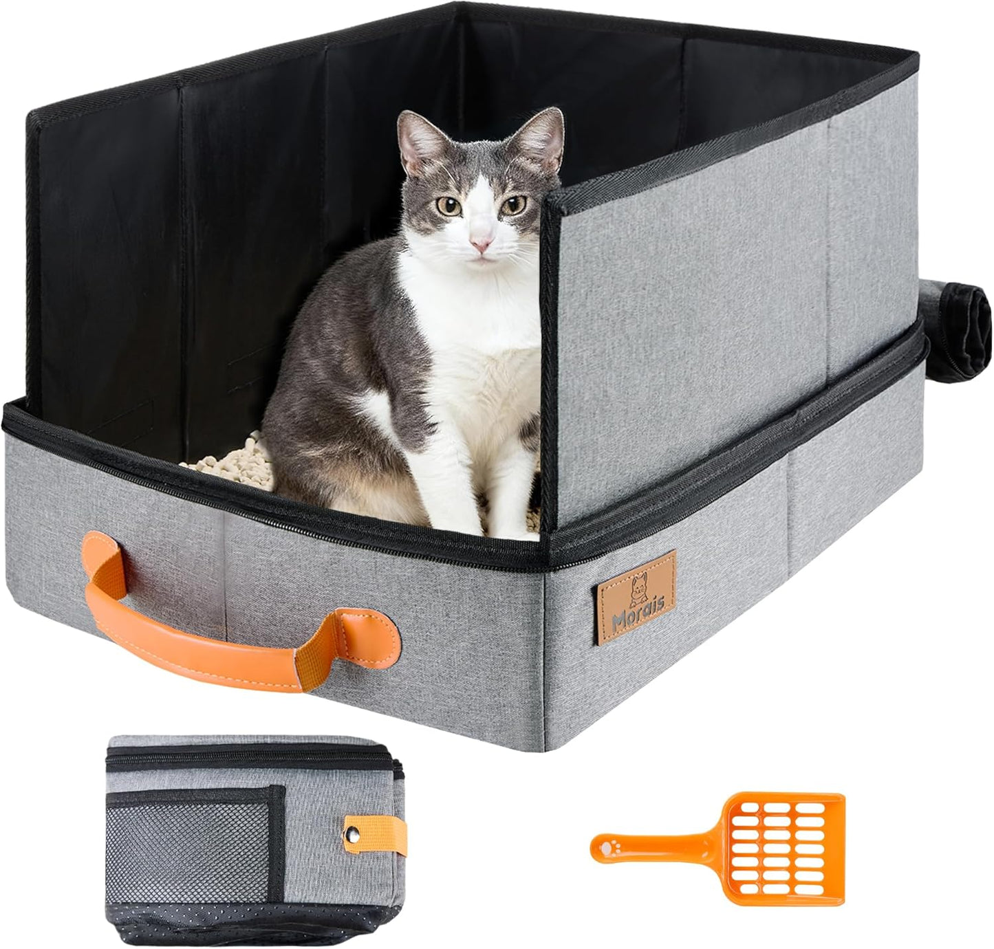MORAIS Portable Travel Litter Box for Cats, 17.7"×13.5"×11" Collapsible Cat Litter Box with Lid, Leak-Proof Cat Litter Pan for Car Hotel Airplane, Waterproof & Easy to Carry- Gray