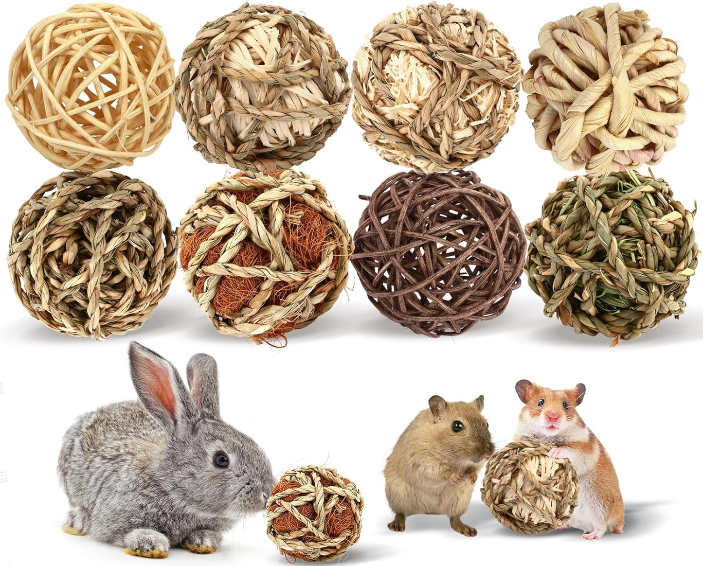VESPRO Bunny Chew Grass Balls, (8 Pcs) Rolling Chew Toys for Small Animals, Natural Chew Grass Toys and Bunny Treats for Rabbits, Guinea Pigs, Chinchillas, Hamsters, Mice Teeth Grinding