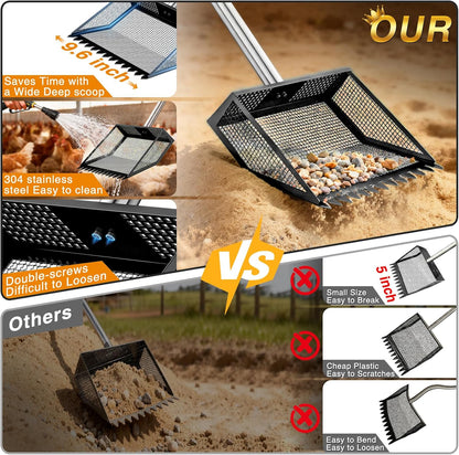TOOGE Large Chicken Poop Scooper: 2-in-1 Metal Pooper Scooper & Rake Adjustable Long Handle Stainless Steel Sand Sifter Litter Shovel Chicken Coop Scoop Cleaning Tool for Coffee Ground Farm Yard Black