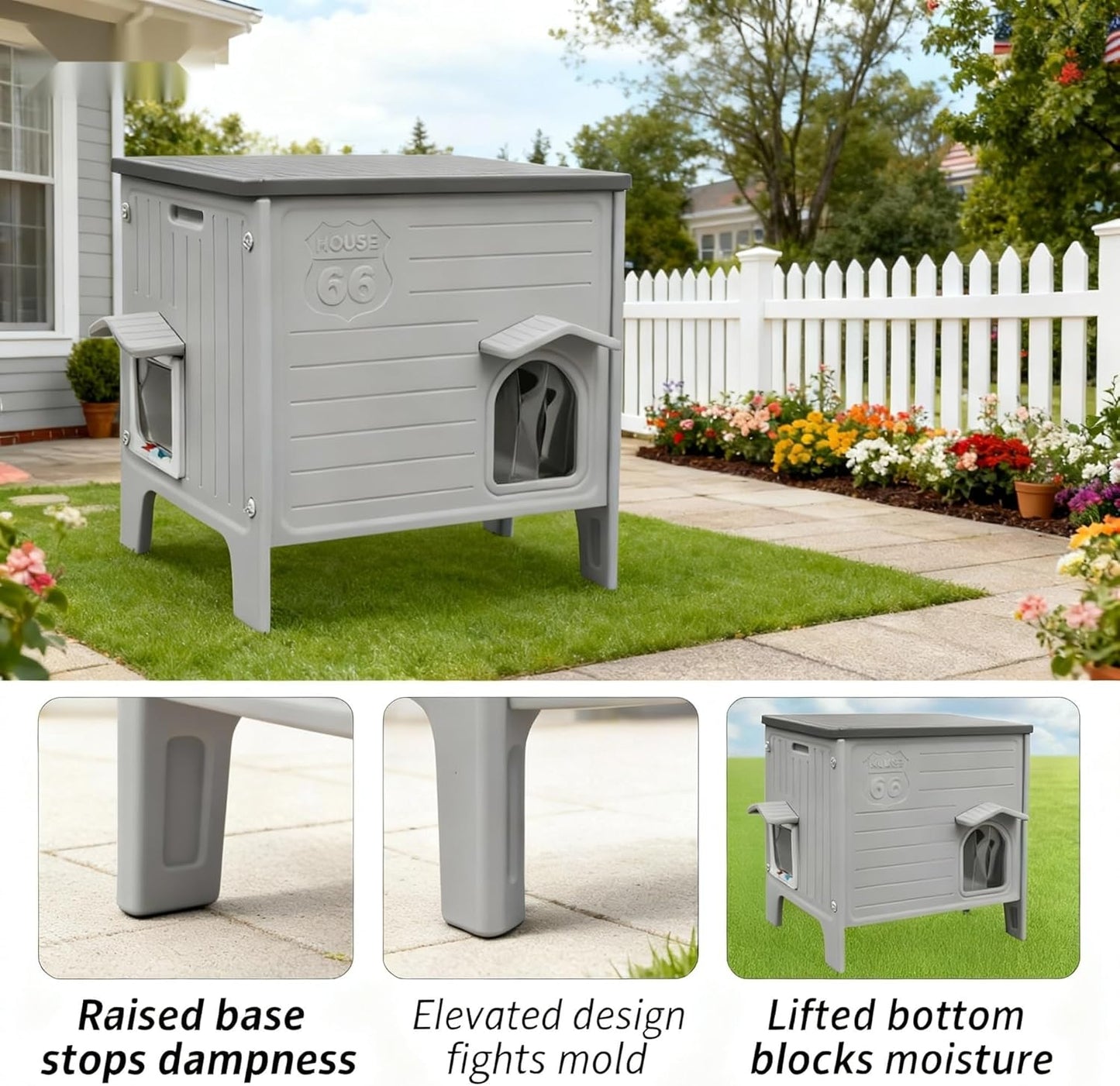 Weatherproof Outdoor Cat House with Insulated Liner for Feral Cat, Plastic Elevated Cat Shelter with Escape Door, Easy Assemble, Expansive Interior‌ Grey 27.0" L x 27.0" W x 21.0" H