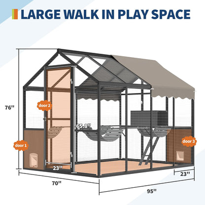 Aluminum Outdoor Cat Enclosure with Weatherproof Roof, Extra Large Catio with Channels, Side Door, UV Proof Cover, Huge Condo, Platform, Walk-in Large Outdoor Catio for Multiple Cats