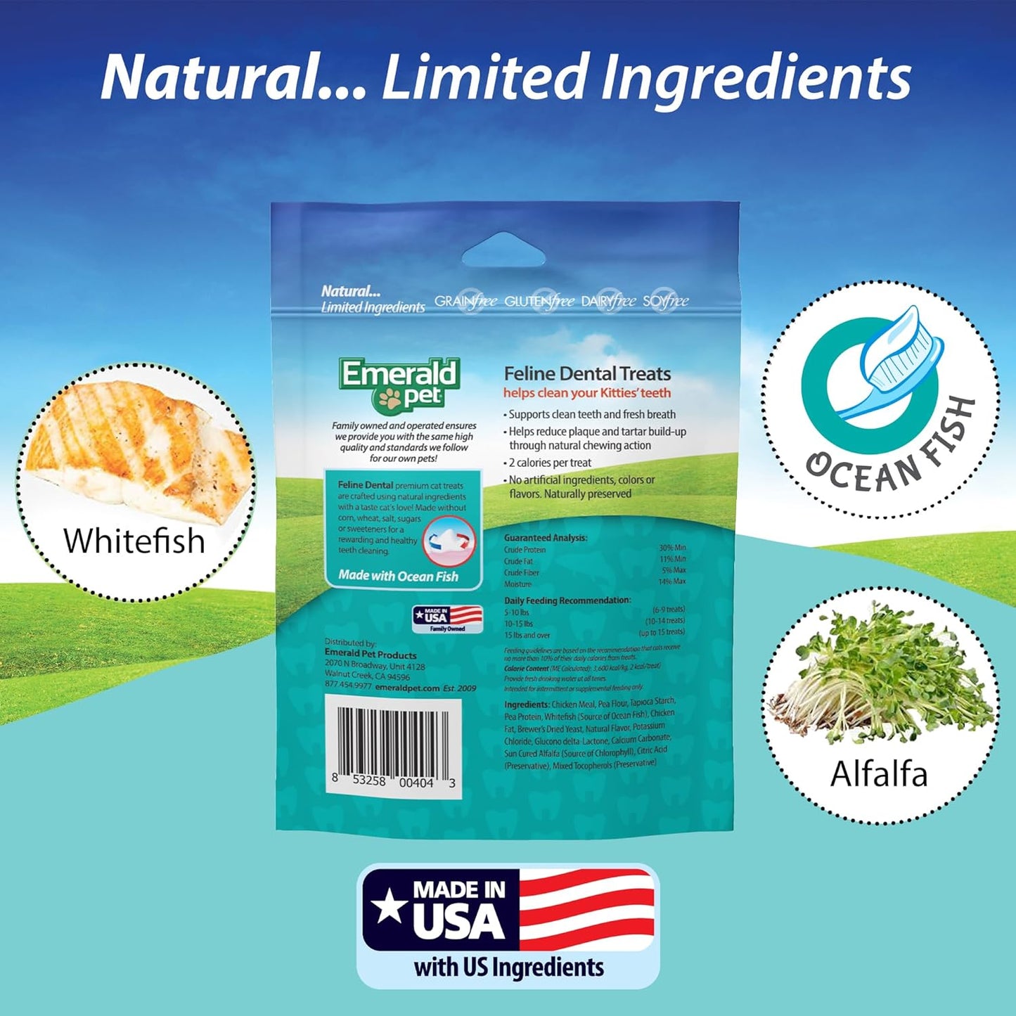 Feline Dental Treats — Tasty and Crunchy Cat Dental Treats Grain Free — Natural Dental Treats to Clean Cat Teeth, Freshen Cat Breath, and Reduce Plaque and Tartar Buildup — Ocean Fish Treats, 3 oz