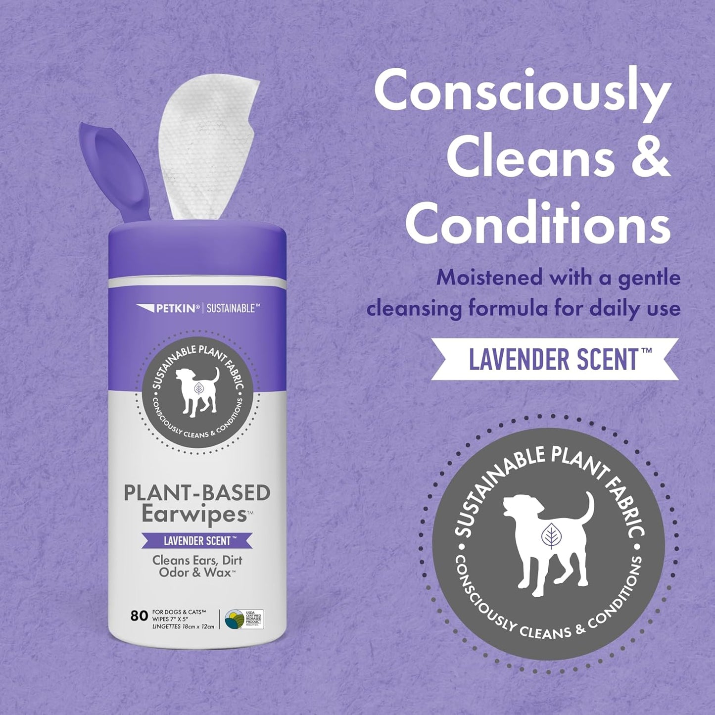 Petkin Plant-Based EarWipes, 80 Wipes, 2 Pack - Biobased & Sustainable Pet Ear Wipes for Dogs & Cats - Cleans Ear Area, Dirt, Odor & Wax - Consciously Cleans & Conditions - Easy to Use - Lavender
