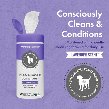 Petkin Plant-Based EarWipes, 80 Wipes, 2 Pack - Biobased & Sustainable Pet Ear Wipes for Dogs & Cats - Cleans Ear Area, Dirt, Odor & Wax - Consciously Cleans & Conditions - Easy to Use - Lavender