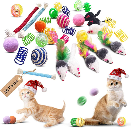 Cat Toys for Indoor Cats - 34 Packs Interactive Set with Colorful Springs, Mouse Toy, Catnip Ropes, Balls, Bells, and Sisal Ball for Kittens