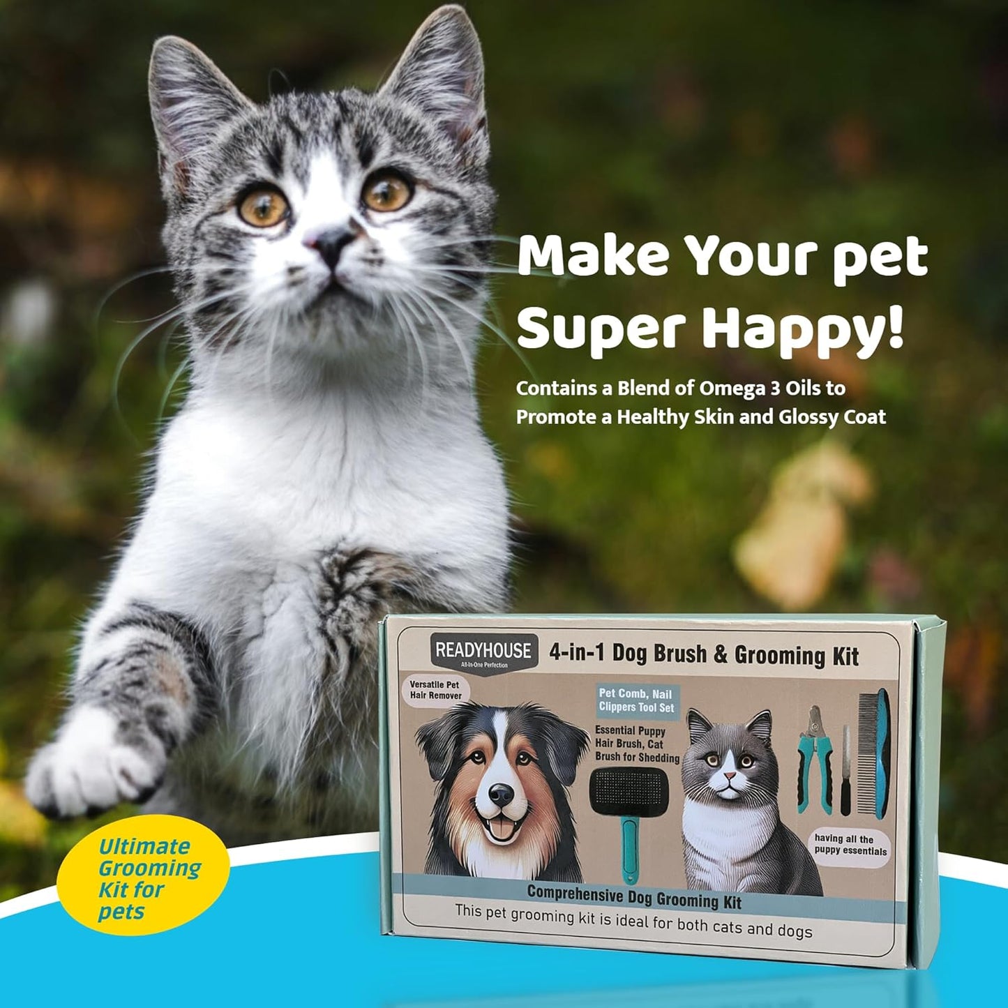 4-in-1 Dog & Cat Grooming Kit: Includes Pet Comb, Nail Clippers, Deshedding & Cleaning Brushes