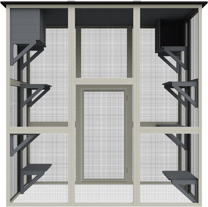Catio Outdoor Cat Enclosure, Large Walk in Cat House for Outdoor Cats Kitten Enclosure with Weatherproof Asphalt Roof,Cat Cages with 6 Platforms & 2 Napping Boxes, 70.9",Grey