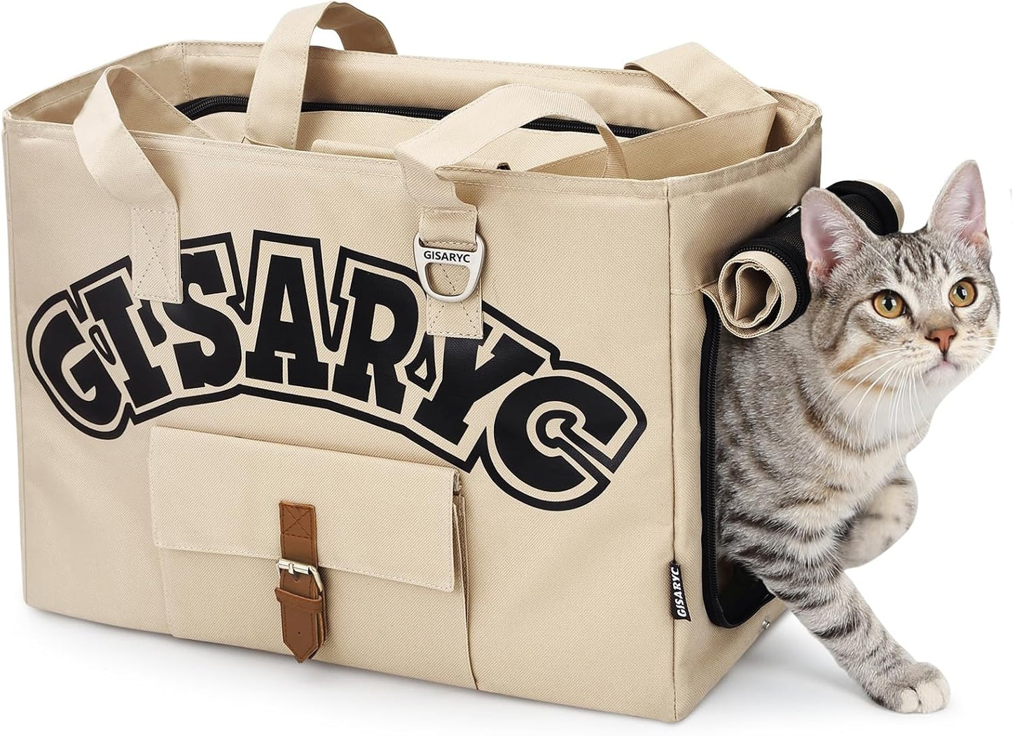 Dog Purse Carrier for Small Dogs, Cats and Puppies – Soft-Sided Foldable Pet Travel Bag with Multi Pockets, 3-Sided Mesh & Rollable Cover for Nervous Cats, Fits Pets up to 15 lbs (Beige)