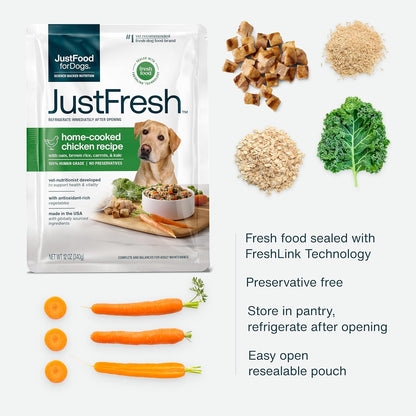 JustFoodForDogs JustFresh Wet Dog Food, Fresh Pet Meals and Toppers with No Preservatives, Resealable Package, Human Grade, Home-Cooked Chicken, 12 oz - 7 Pack