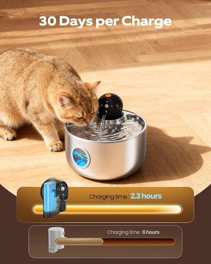 Wireless Cat Water Fountain Cordless: Battery Operated Stainless Steel Cat Fountains for Drinking - 88oz/2.6L Rechargeable Pet Water Fountain Indoor with Motion Sensor - Automatic Water Bowl Dispenser