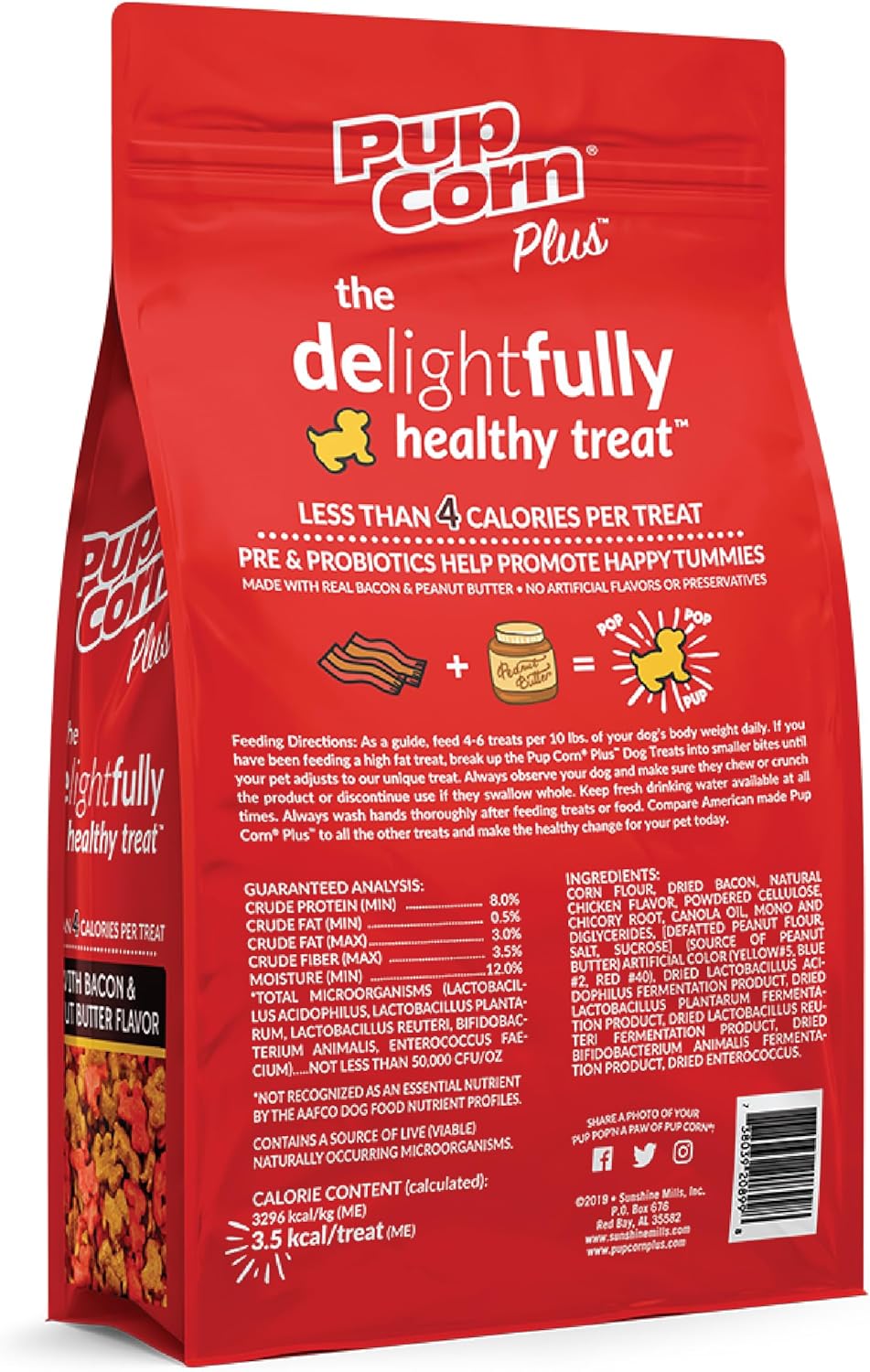 Pup Corn Plus - Puffed Dog Treats with Prebiotics and Probiotics - Bacon & Peanut Butter (24oz) - Made in USA