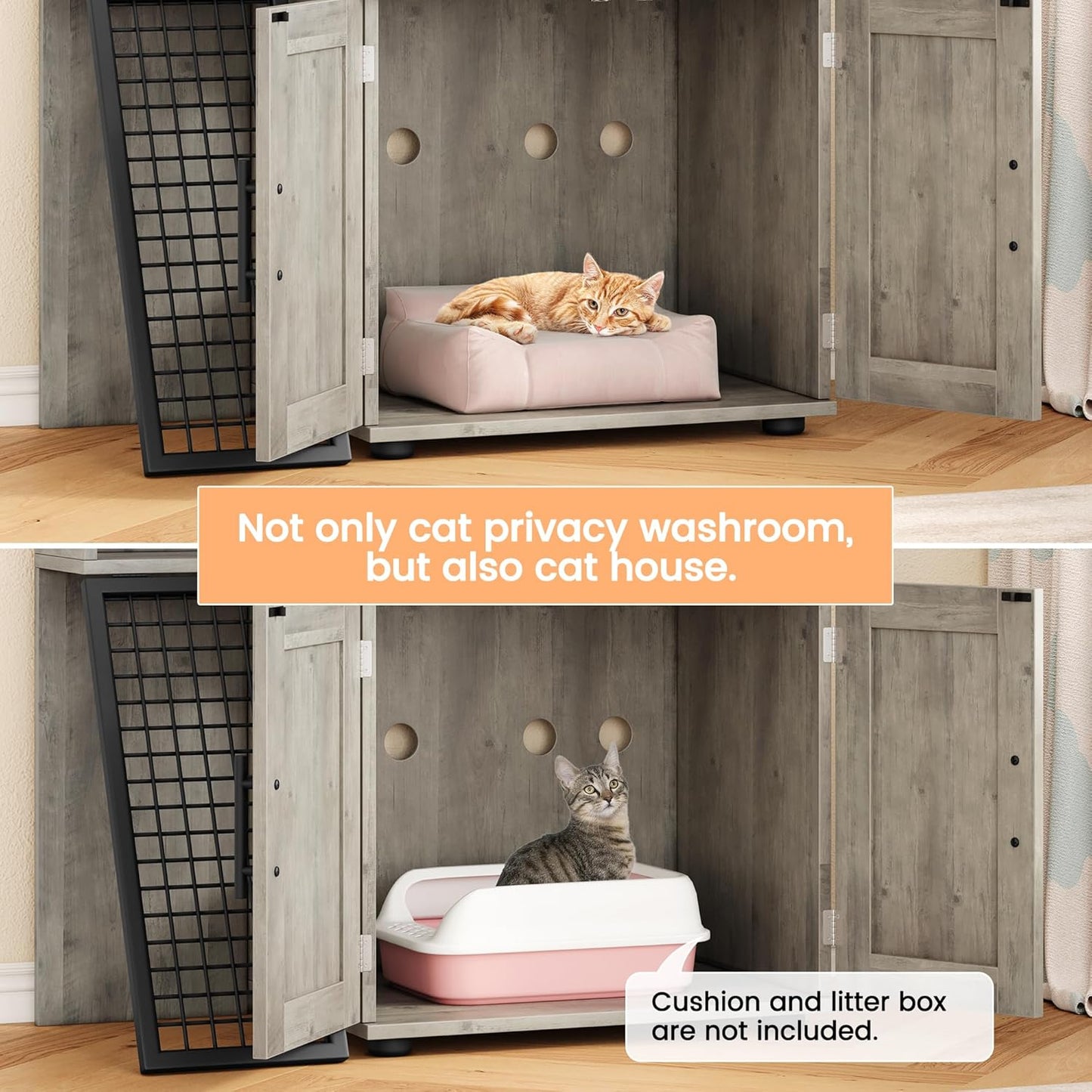 IDEALHOUSE Modern Cat Litter Box Enclosure with Platform, Double Layer Hidden Litter Box, Indoor Washroom, Villa Cat House with Ladder, 33.5" l x 17.9" w x 41.9" h,Grey