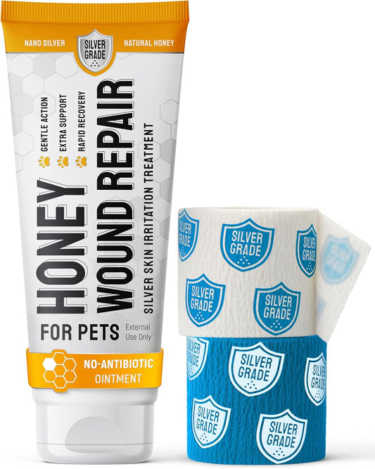 Hot Spot Treatment For Dogs & Cats to Help with Scratches, Cuts, Bites – Set of Honey Wound Repair Ointment in Gel Form + 2 Bandages – Horse & Dog Wound Care with Silver & Honey – All Pets Care – 2 Oz