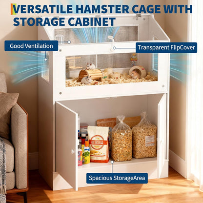 Small Animal Habitat with Storage Cabinet, Easy-View Acrylic Panel Enclosure for Hamsters, Guinea Pigs and Hedgehogs, Durable Small Pet Cage with Easy Assembly Design