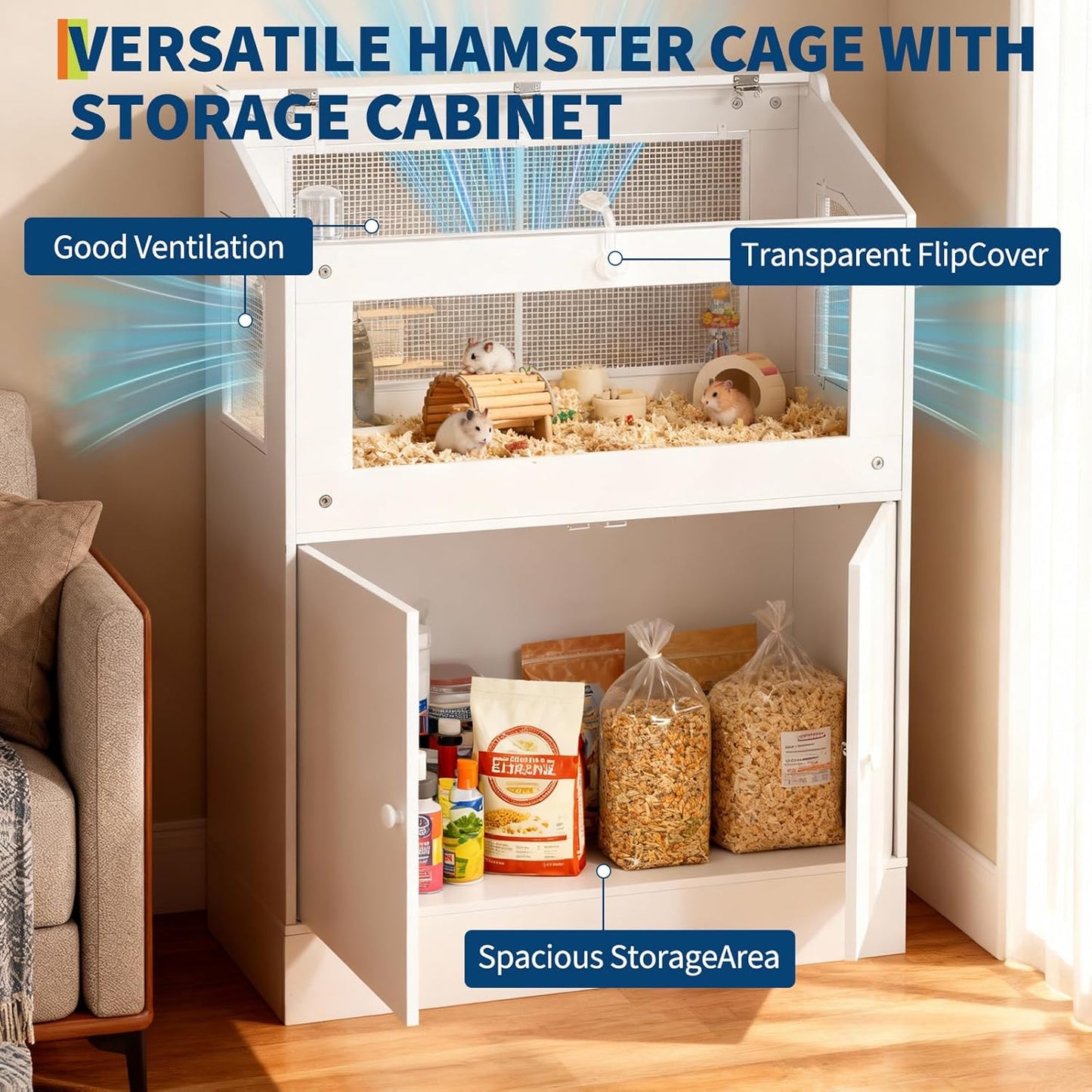 Small Animal Habitat with Storage Cabinet, Easy-View Acrylic Panel Enclosure for Hamsters, Guinea Pigs and Hedgehogs, Durable Small Pet Cage with Easy Assembly Design