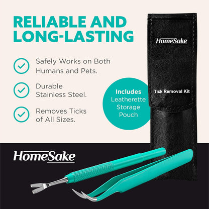 Homesake Tick Remover Tool & Tweezer Set for Dogs, Cats & Humans – Stainless Steel Tick Removal Kit with Storage Pouch & Free Tick ID Card – Safe & Effective Tick Puller