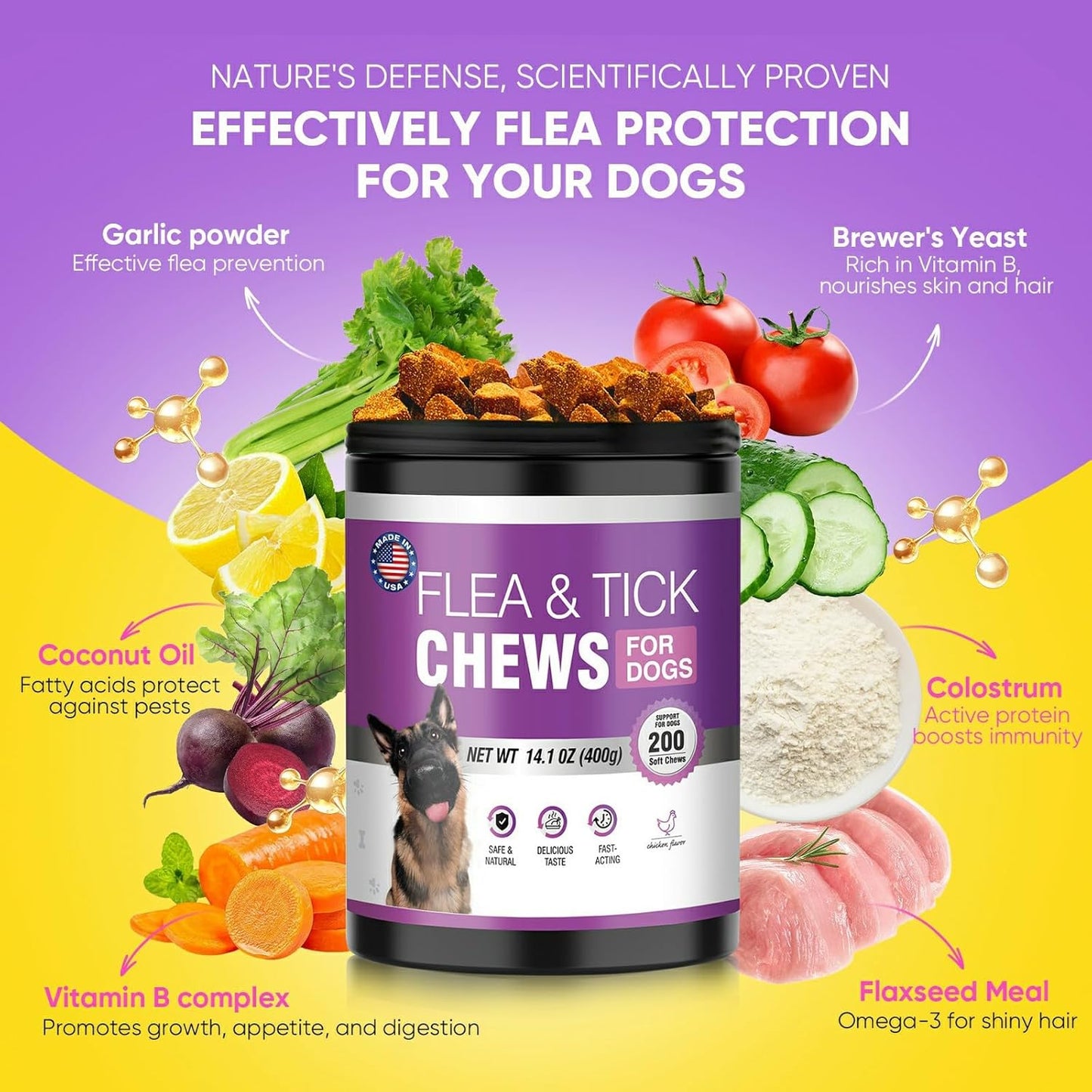 Dog Flea and Tick Treatment Chewable 200 Treatment Chews Natural Soft Chew Fleas Ticks Treatment Dog Oral Chewables Support Supplement Breeds and Ages Dogs Chicken Flavor