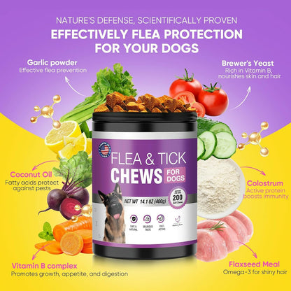 Dog Flea and Tick Treatment Chewable 200 Treatment Chews Natural Soft Chew Fleas Ticks Treatment Dog Oral Chewables Support Supplement Breeds and Ages Dogs Chicken Flavor