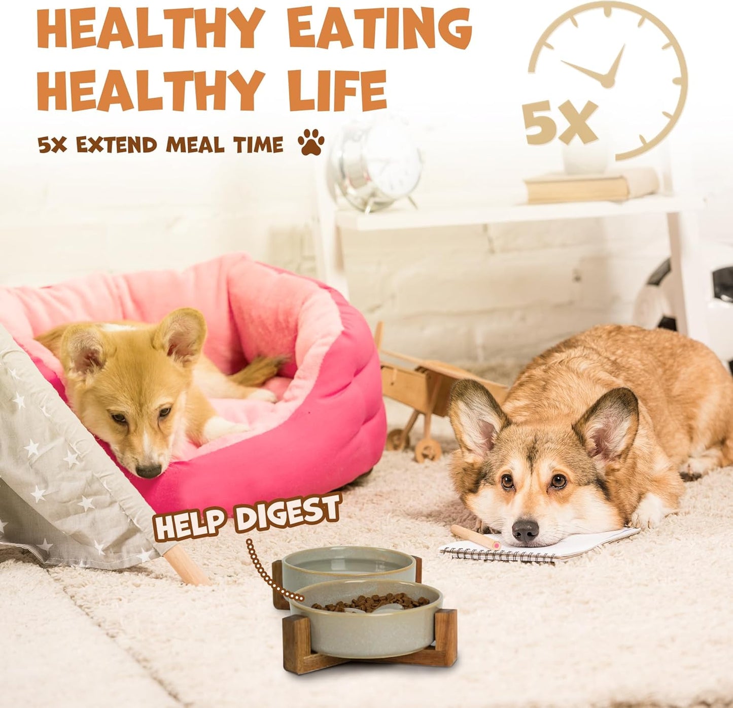 Ceramic Slow Feeder Dog Bowl Set with Stand, Cute Paw Slow Feeding Food Bowl and Water Bowl for Small Breed, 5.2" Ceramic Non Slip Dog Dishes, Grey