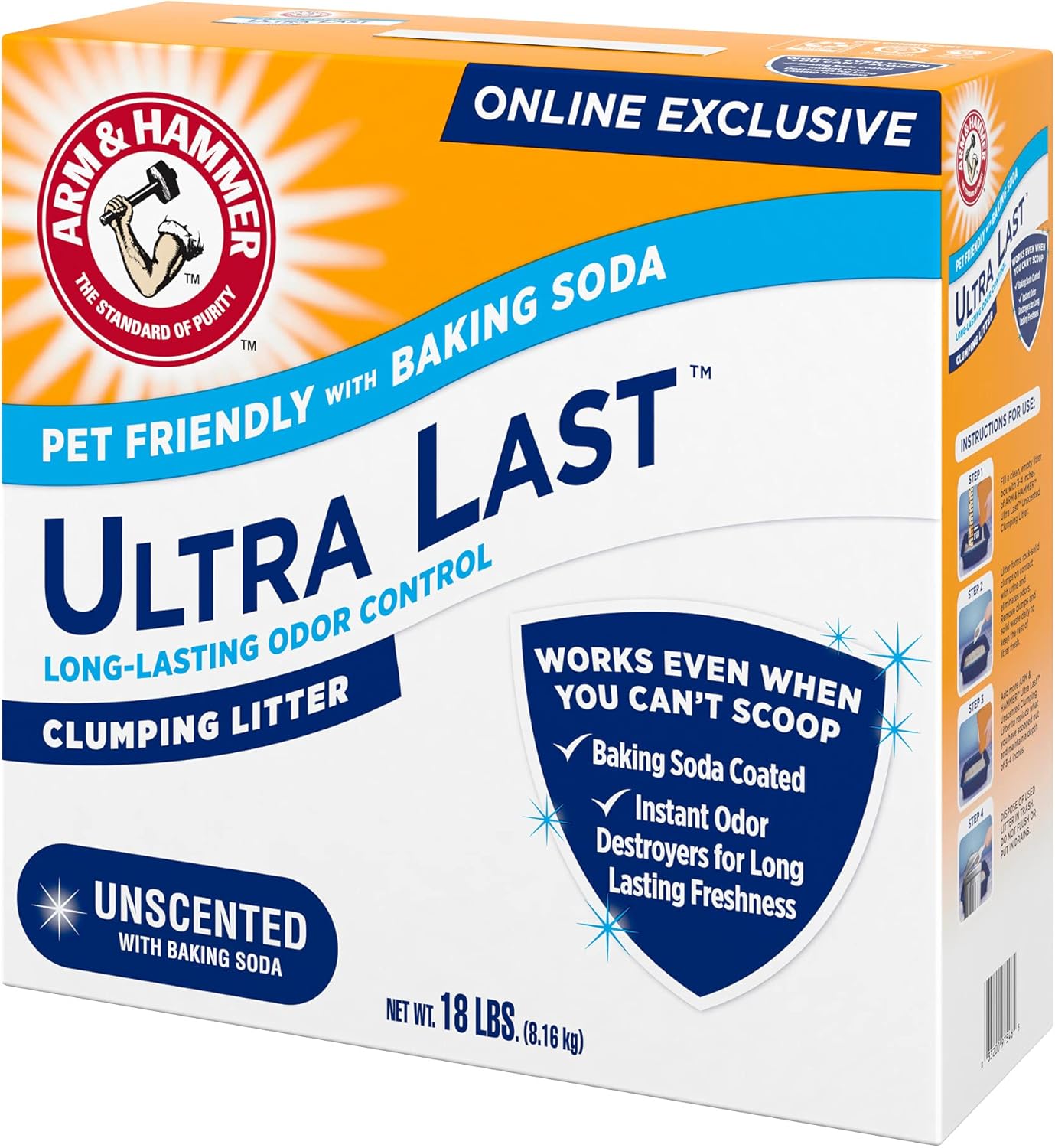 ARM & Hammer Ultra Last Clumping Cat Litter Unscented MultiCat 18 Lbs. Pet Friendly with Baking Soda Odor Control Litter