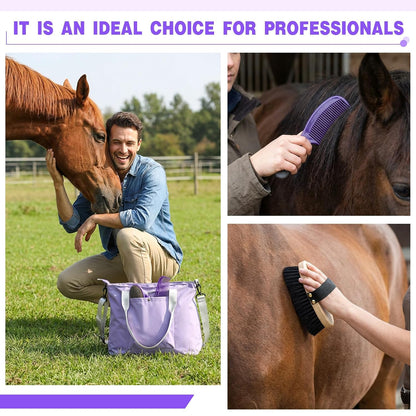 Abbylike 15 Pieces Horse Grooming Kit with Organizer Tote Bag Tack Room Supplies Horse Brush Sets Care Equine Cleaning Kit Shedding Grooming Massaging Tools(Purple and Grey)