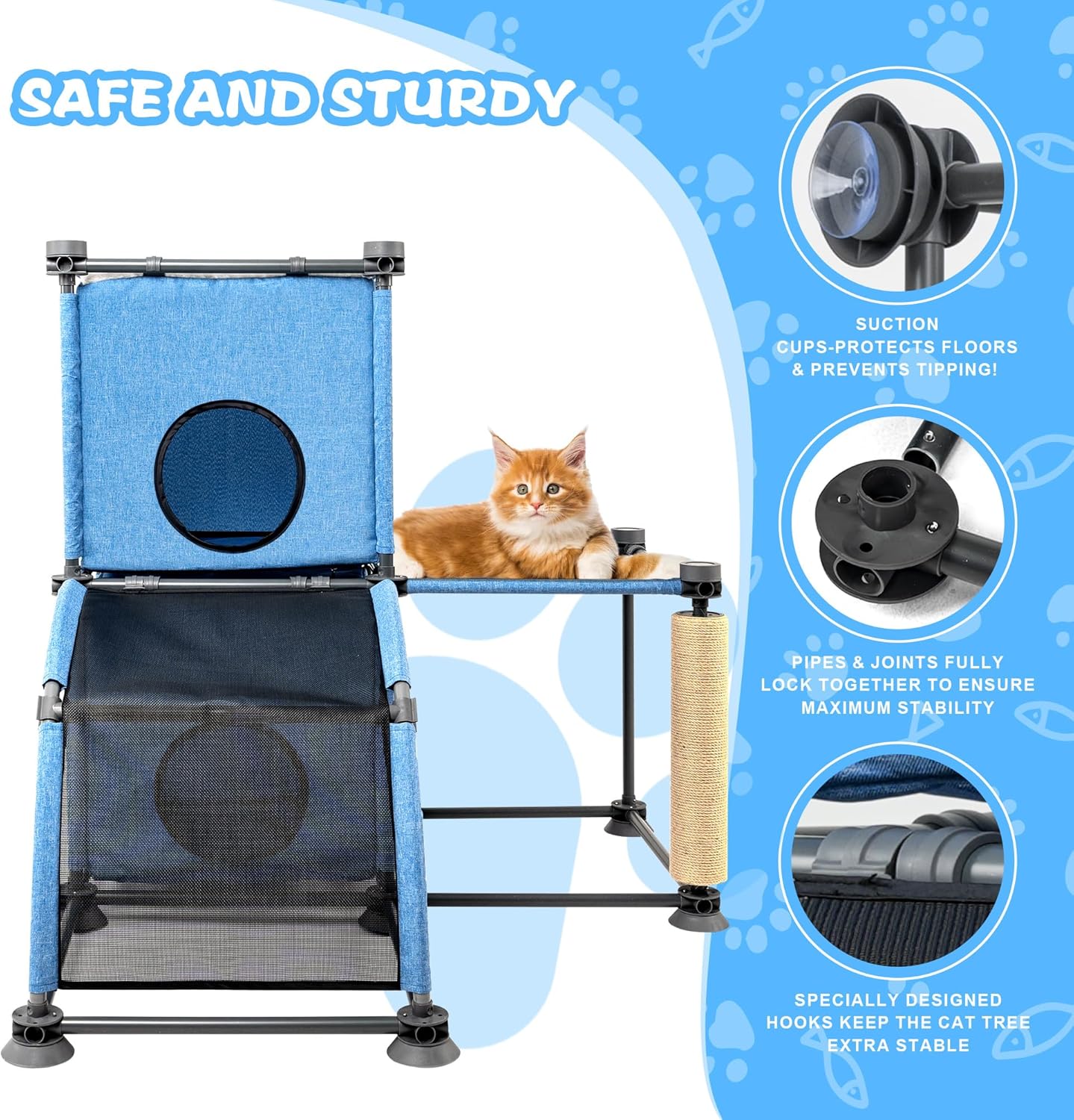 Large Cat Tree with Scratching Post, Ladder & Perches – Multi-Level Cat Climbing Furniture for Indoor/Outdoor Use+Blue/35.43" L x 35.43" W x 37.01" H