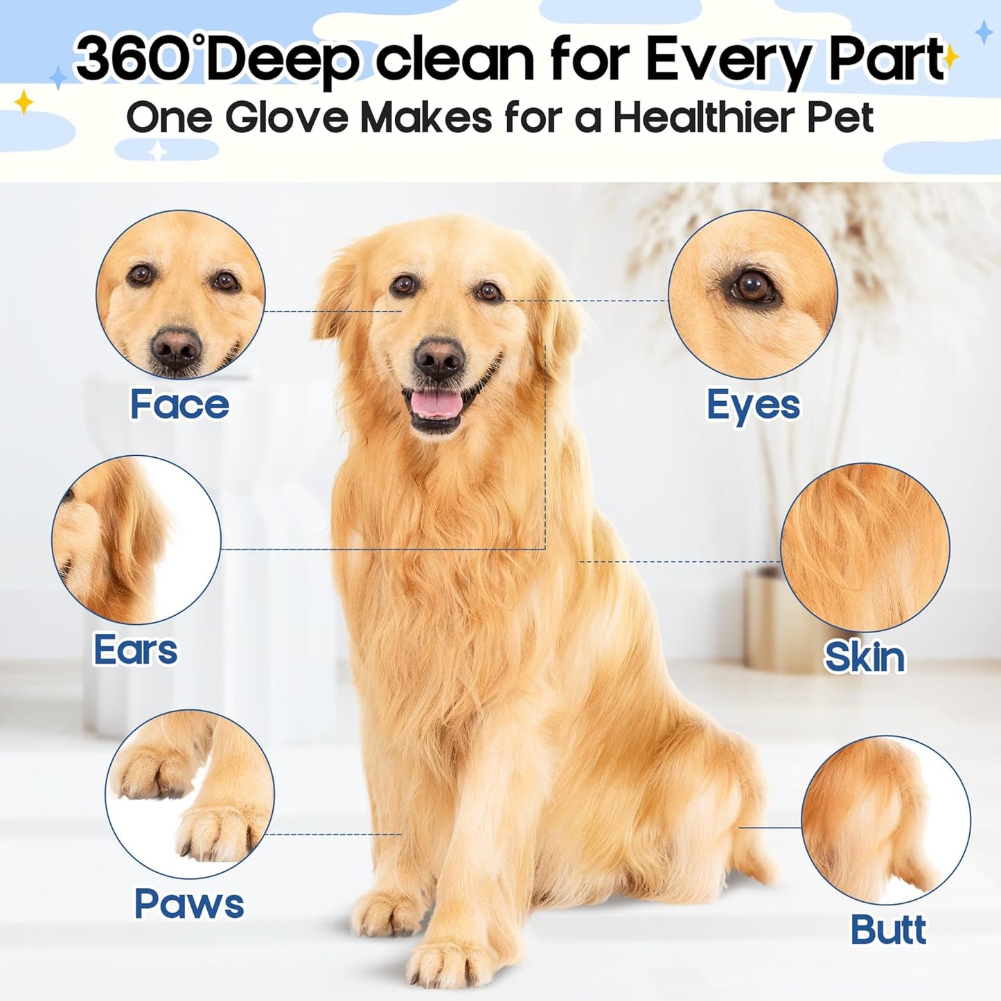 Pet Glove Wipes for Dogs - 14Pcs Peach & Bluebell Scented Pet Cleaning Gloves, No Rinse Deodorizing Grooming Wipes for Dogs and Cats Paws Body Butt, Suitable for Daily Care Dry Cleaning Travelling