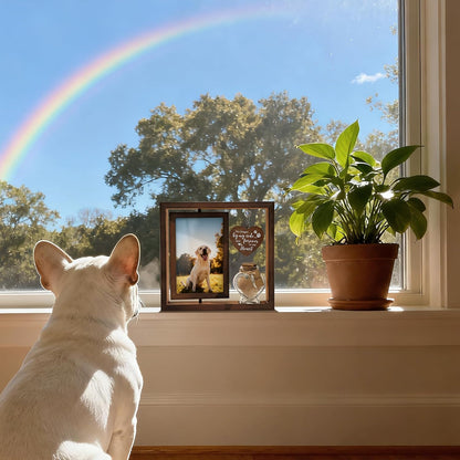 Dog Memorial Gifts for Loss of Pet - Rotating Wooden Frame for 4x6 Photo & Fur Hair Jar - Sympathy Gift for Pet Bereavement, Remembrance Keepsake - Rainbow Bridge Gift for Dog Lovers