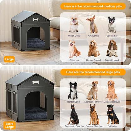 Extra Large Dog House Indoor with Plush Cushion, Dog Kennel for Inside with Sturdy Frame, Waterproof Pet House Suitable for Medium Large Dogs, 34x27x34in, Gray