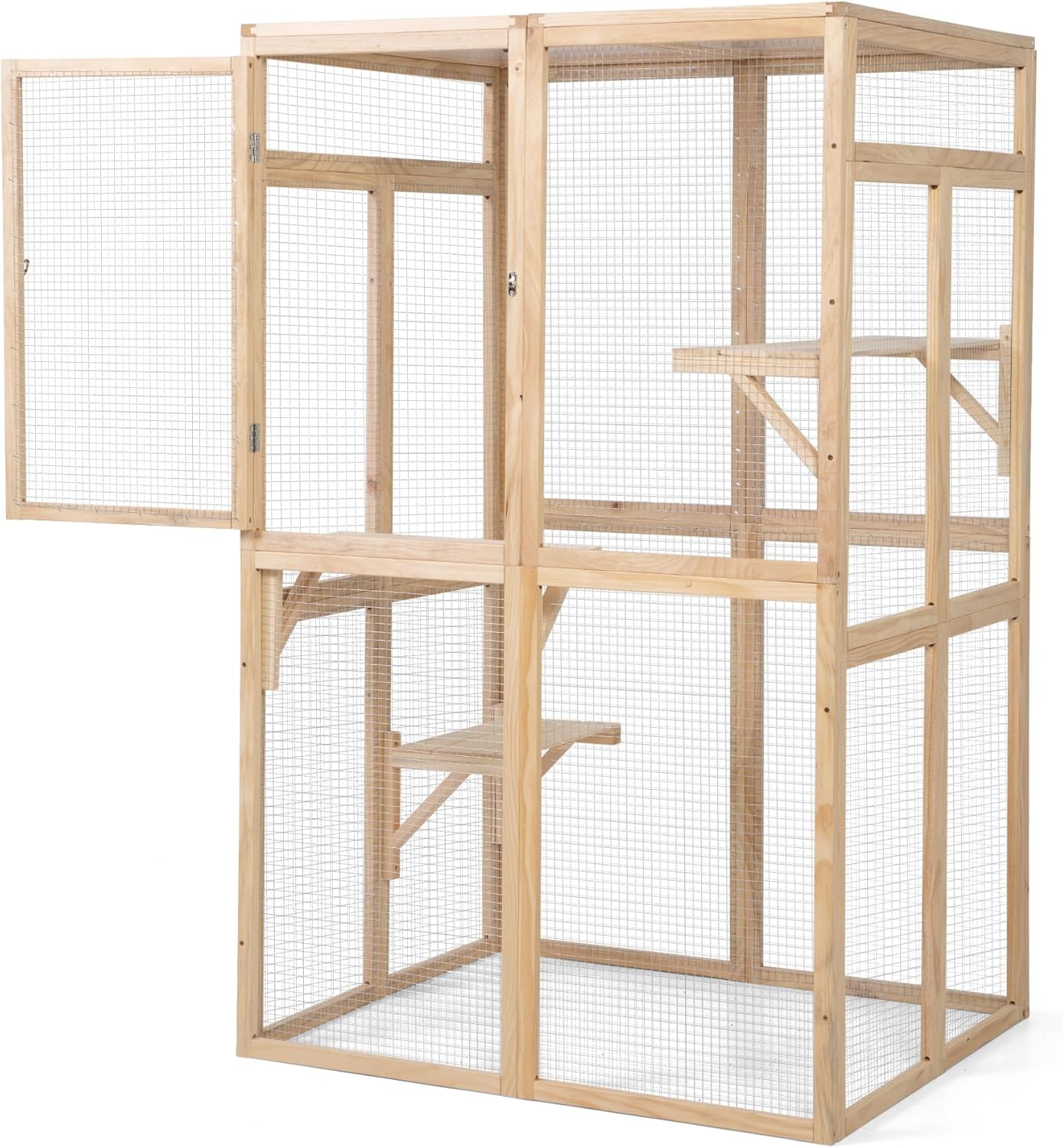 LUMILAND Wooden Outdoor Cat Catio for Safe Playtime, Spacious Enclosure with Platforms and Hammock, Burlywood