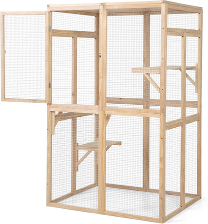 LUMILAND Wooden Outdoor Cat Catio for Safe Playtime, Spacious Enclosure with Platforms and Hammock, Burlywood