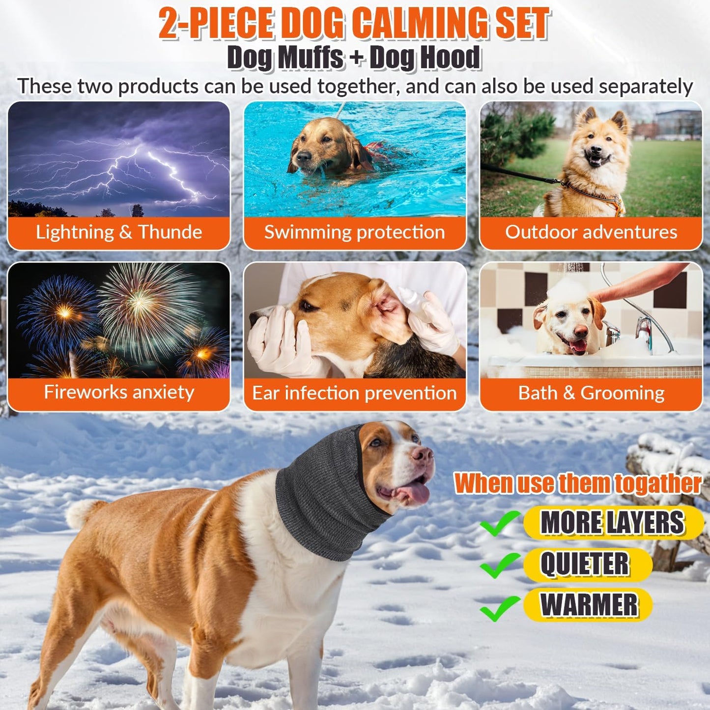 SlowTon Quiet Ears Dog Hoodie - 2 Pcs Ear Wrap Dog Ear Muffs Noise Protection, Anxiety Relief Dogs Hat Calming Hood Head Cover, Pet Headband Dogs Ear Protector for Grooming, Force Drying (Grey,S)