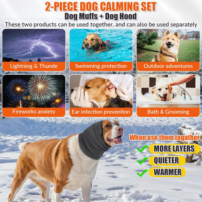 SlowTon Quiet Ears Dog Hoodie - 2 Pcs Ear Wrap Dog Ear Muffs Noise Protection, Anxiety Relief Dogs Hat Calming Hood Head Cover, Pet Headband Dogs Ear Protector for Grooming, Force Drying (Grey,S)