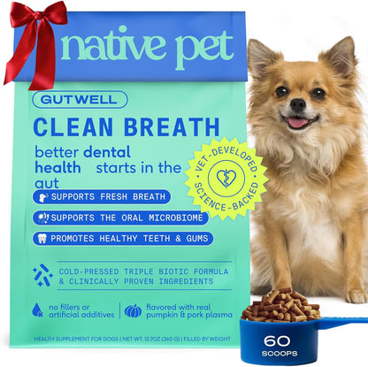 Native Pet GutWell Clean Breath - Dog Breath Freshener & Dog Dental Powder - Teeth Cleaning to Reduce Plaque & Tartar - Promotes Fresh Breath with Targeted Triple-biotic Dental Care Blend - 60 Scoops